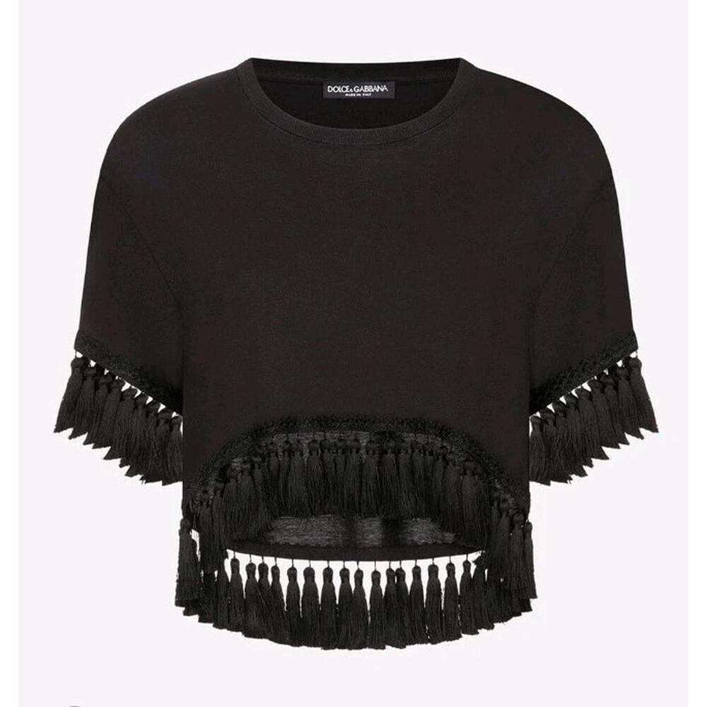 NWT Dolce & Gabbana Black Tassel Trimmings Jersey T-Shirt IT 38 XS